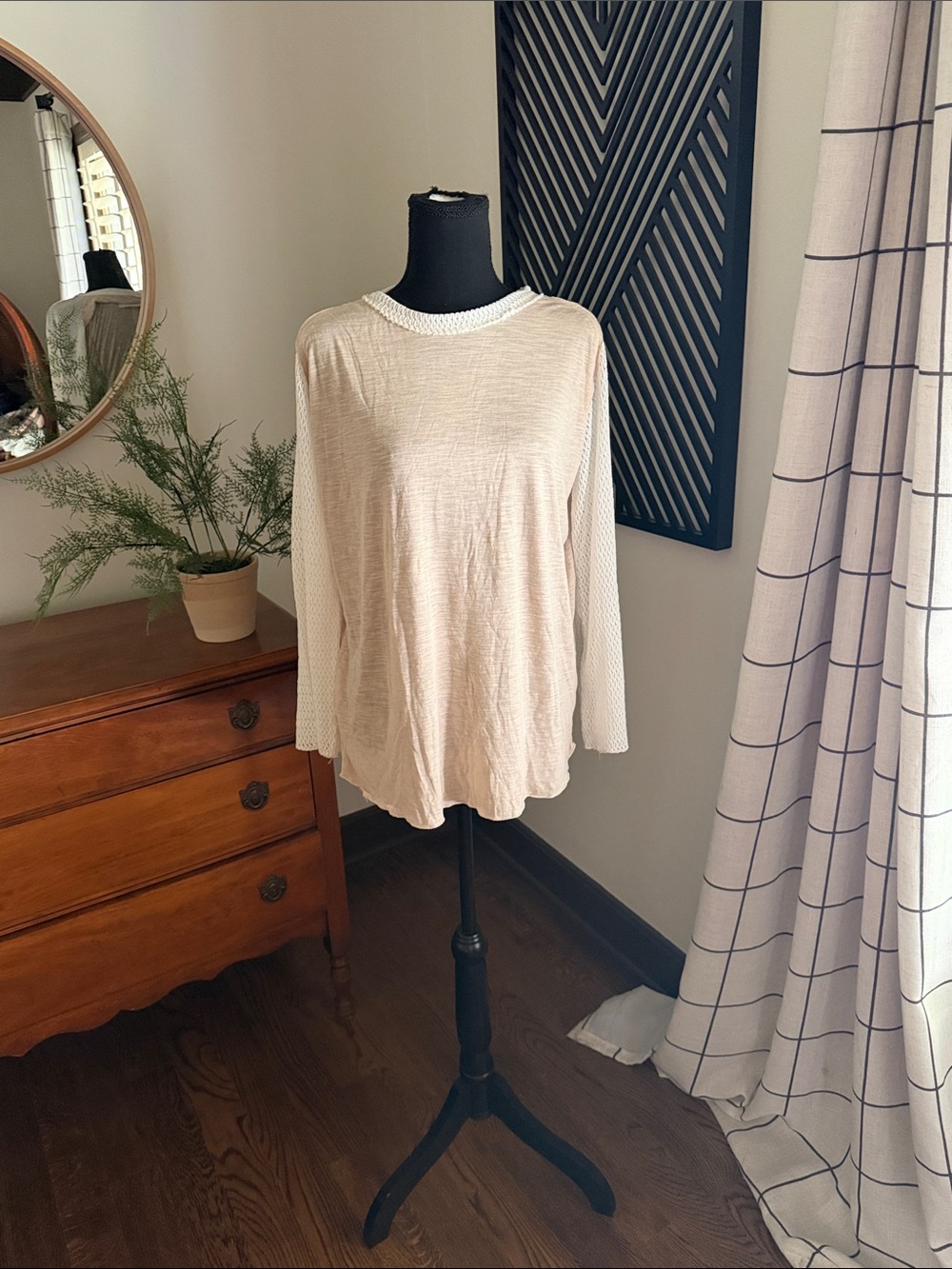 POL Cream and White Lightweight Long Sleeve Top large